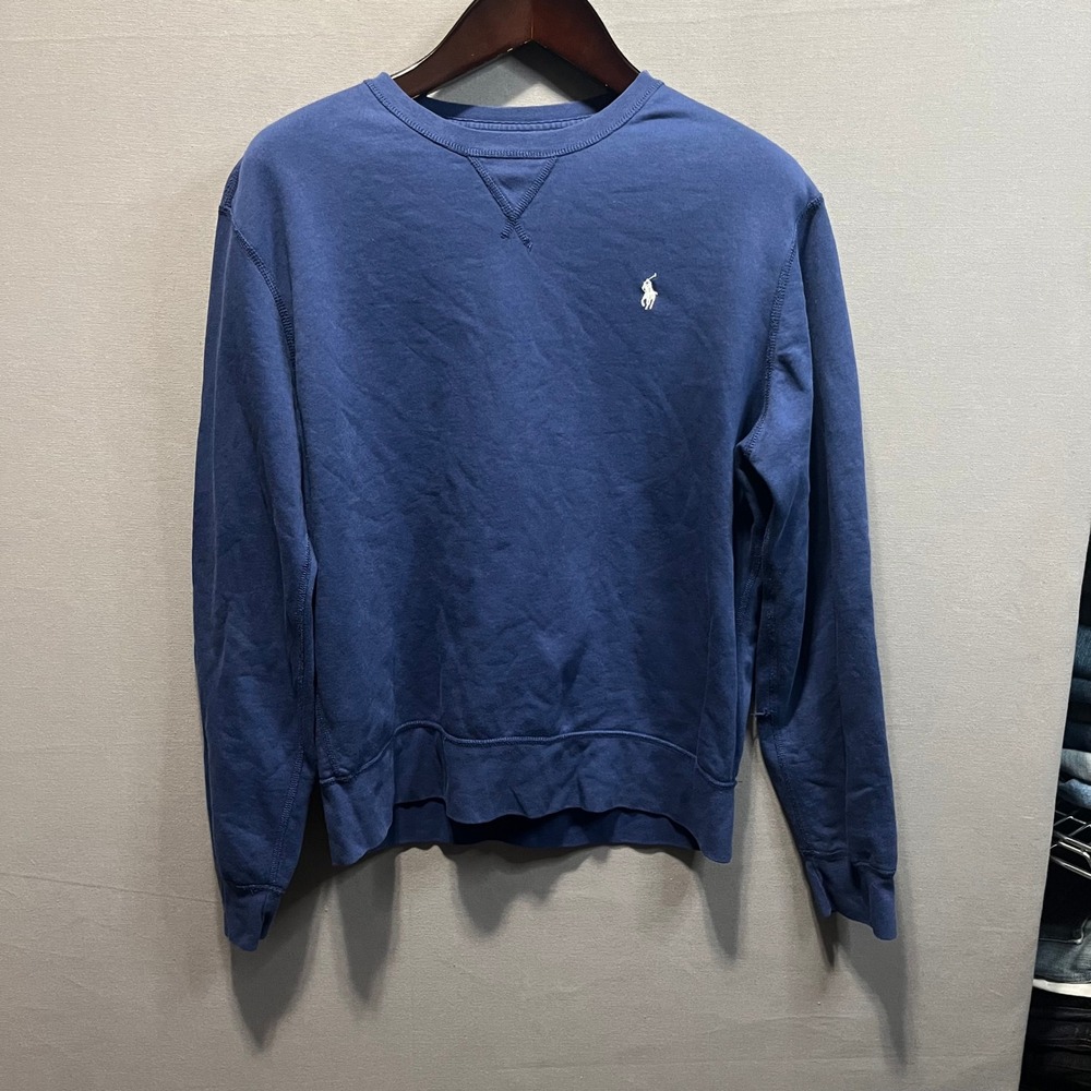 Polo Ralph Lauren Mens Blue Fleece Crewneck Sweatshirt Large Pony Logo V-Stitch